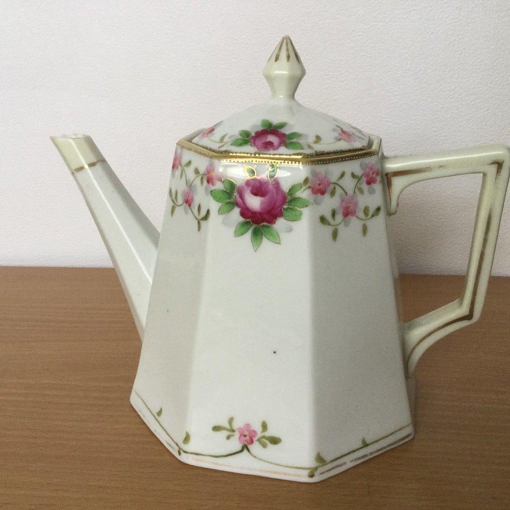 Vintage antique Hand painted Nippon Japanese porcelain teapot red rose marked